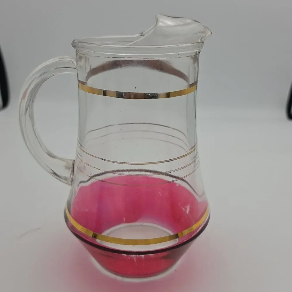 Vintage MCM Glass Pitcher Cranberry Iridescent Gold Rings Flat Pitcher Ice Lip